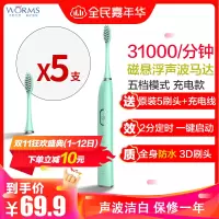 worms电动牙刷超声波美白情侣款充电式极光绿学生党男女超软毛成人牙刷 天湖绿标准版五档位配(原装5刷头+USB线)