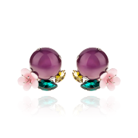 法国PF耳钉水晶贝母珍珠多彩山茶花耳夹无耳洞奢华气质优雅日常女