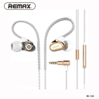 Remax睿量RM-580双动圈有线耳机入耳式hifi四核重低音耳塞式线控带麦k歌直播游戏电竞通用型-金色