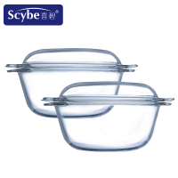 喜碧耐热玻璃汤碗微波炉加热器皿透明大号带盖双耳煲2L两只装