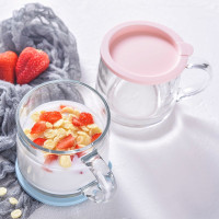 大容量带把手透明玻璃水杯 早餐盖杯两只装