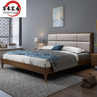 尊禾 胡桃木床 实木床 现代简约轻奢高档皮艺软包床主卧双人床1.8米婚床
