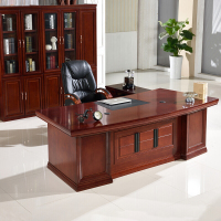 佐盛办公家具老板桌总裁桌大班台办公桌油漆贴实木皮经理桌含侧柜活动柜 2.4米班台+6门书柜