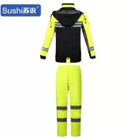 苏识 户外电动摩托车美团外卖反光交通雨衣裤套装 男成人防暴雨骑行防水(黑色拼荧光黄加黄裤子)(备注尺码)
