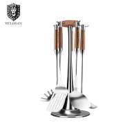 Velosan 花梨木304不锈钢加厚炒菜铲汤勺旋转铲勺 5件装家用厨具套装