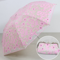 天堂伞天堂伞太阳伞女士配拎包便携绣花伞刺绣蕾丝防晒防紫外线遮阳伞 如花似瓣粉色