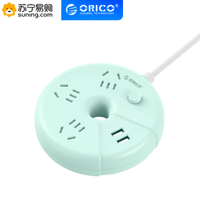 Orico/奥睿科甜甜圈3口插座接线板带线多孔桌面2口USB排插小巧家用插排绿色1.8米