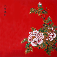 髹榡大漆墙壁画 牡丹墙壁画100x120cm 材质:木板,天然大漆, 入漆材料