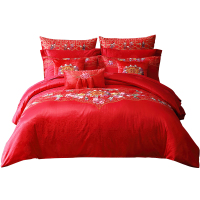 梦洁家纺 婚庆套件结婚大红色床单被套新婚百子绣花提花十二件套百年好合百子图