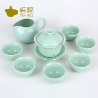恒福越窑古意青瓷陶瓷盖碗半组 整套功夫茶具 越窑龙泉青瓷一盖碗一海六杯