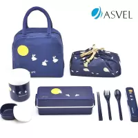 日本ASVEL双层分隔分格大号830ml月兔便当盒办公室学生塑料饭盒可微波炉加热饭盒配保温拎袋餐具汤杯 月兔蓝色