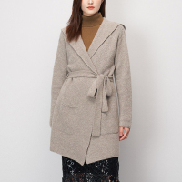 鄂尔多斯ERDOS 秋冬羊绒连帽系带女士大衣外套