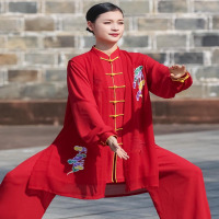 争风华大红色绣花太极服女太极拳表演比赛演出服装新款飘逸中长款两件套 XL码 L码