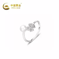 中国黄金 四叶草天然淡水珠戒指