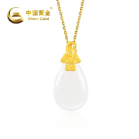 中国黄金小花朵水滴形银镶玉吊坠
