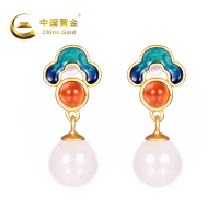 中国黄金祥云圆珠银镶和田玉耳钉