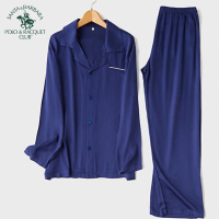 圣大保罗男士秋季休闲贡缎纯色长袖睡衣套装藏青色PU-3302(L、藏青色)PY