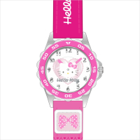 hellokitty凯蒂猫学生手表儿童手表女孩日韩简约防水浮雕真皮表带指针石英表可爱少女卡电子石英表 桃红