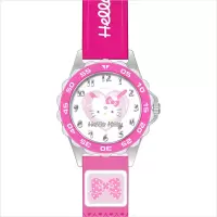 hellokitty凯蒂猫学生手表儿童手表女孩日韩简约防水浮雕真皮表带指针石英表可爱少女卡电子石英表 桃红