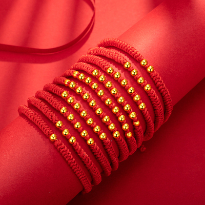 老庙黄金 硬金五福同享红绳手链多款式