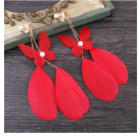 长款白色蝴蝶耳环羽毛耳夹耳饰结婚纱礼服配饰品 红色羽毛长款耳环(一对)