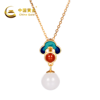 中国黄金 祥云圆珠银镶和田玉项链