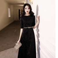 黑色宴会晚礼服 女 2020新款气质性感优雅主持人连衣裙高端大气显瘦