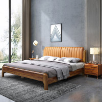 尊禾 床 北欧实木床双人床黑胡桃木家具1.8米卧室家具意式实木婚床橘色靠背