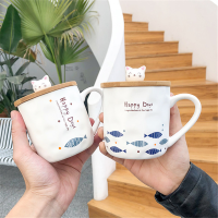 卡通磨砂猫咪与鱼木盖带勺陶瓷杯