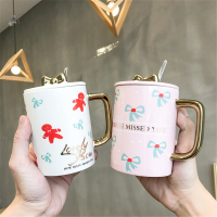 描金陶瓷杯带盖带勺韩版蝴蝶结马克杯可爱少女心咖啡杯