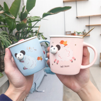 立体小羊卡通动物陶瓷杯带盖带勺创意马克杯