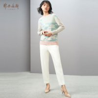 鄂尔多斯1980 简约风格圆领提花女针织羊绒衫宽松