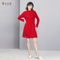 鄂尔多斯1980 秋冬半高领抽条女连衣裙纯羊绒