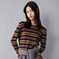 ERDOS 简约圆领复古夹条女士针织衫撞色条纹罗纹羊绒衫