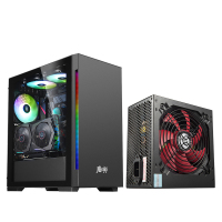 金河田魔术师super黑色电脑机箱 钢化玻璃电竞游戏台式水冷机箱搭配智能芯680GTX额定500W电源套装