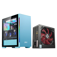 金河田魔术师super蓝色电脑机箱 钢化玻璃电竞游戏台式水冷机箱搭配智能芯680GTX额定500W电源套装
