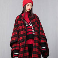 ERDOS 英伦风黑红条纹披肩可拆卸休闲时尚羊毛外套女大衣