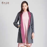 鄂尔多斯1980 翻领撞色中长款女羊绒大衣外套