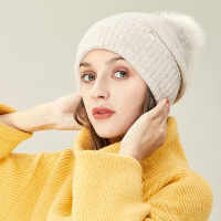 里博(leeb)女士帽子冬季纯羊毛帽子 保暖防寒帽 毛线帽 米卡其