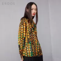 ERDOS 秋冬复古撞色波点印花飘带领宽松女上衣真丝长袖衬衫