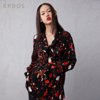 ERDOS 时尚百搭白兔印花飘带领女士衬衫通勤宽松撞色设计