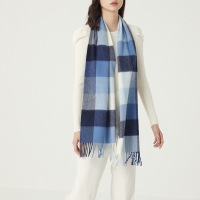 鄂尔多斯1980 秋冬百搭多色格纹羊绒水纹格子围巾30*180 蓝色