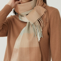 鄂尔多斯1980 秋冬百搭多色格纹羊绒水纹格子围巾30*180 驼色