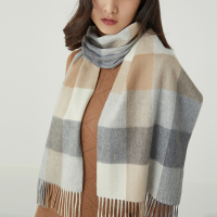鄂尔多斯1980 秋冬百搭多色格纹羊绒水纹格子围巾30*180 灰色