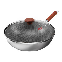 康巴赫炒锅316L不锈钢悦己红木蜂窝防粘锅少油烟平底炒菜锅电磁炉燃气灶通用 32cm