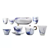 [国潮来袭]金镶玉 手工绘制功夫茶具套装 中国白·羊脂玉瓷中国墨蓝茶壶茶杯公道杯送礼礼盒装 流金岁月君子茶具