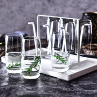 XHS 玻璃水杯家用茶杯果汁杯370ml白色托盘杯架套装
