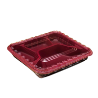 一次性饭盒长方形塑料餐盒外卖打包快餐盒四格餐盒 红黑四格 100套/箱
