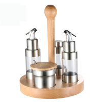 胜佳 圆形橡木套装提手四件套调味品瓶罐