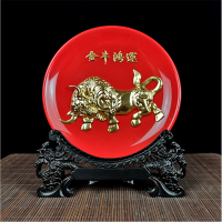 纯手工制作漆线雕中国红陶瓷金牛鸿运托盘摆件家居装饰